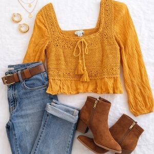 American Eagle Mustard Yellow Babydoll Crochet Top